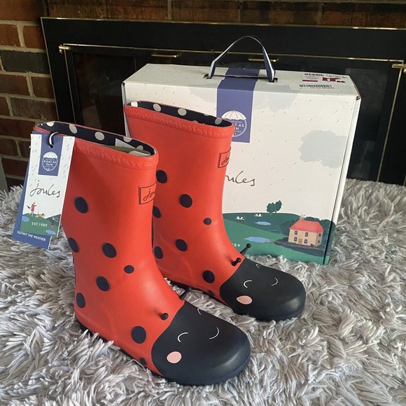 Joules Red Ladybug Rain Boots Big Kids Size 13 Red Black Pull On Wellie Boots - Picture 2 of 11